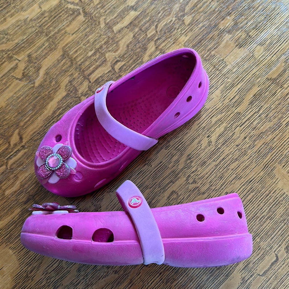9C Pink Mary Jane Crocs with flower gem detail on toe